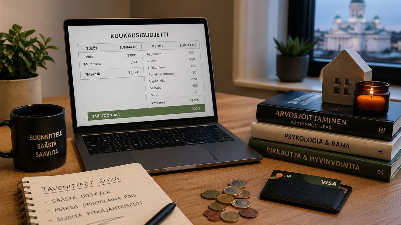 Kannettava tietokone ja kuukausibudjetti suomalaisessa kodissa